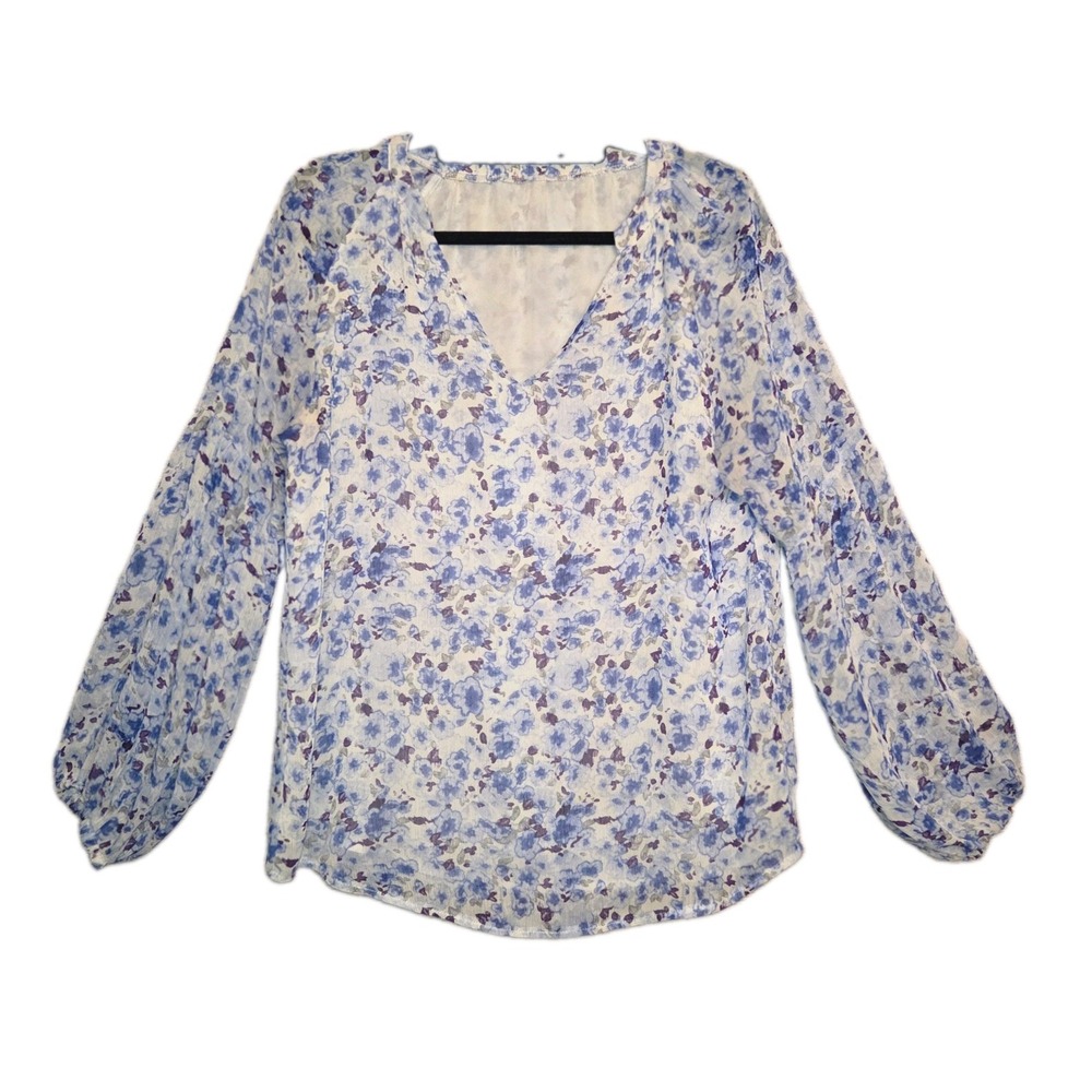Unbranded Blouse Blue Boho Floral V-Neck Top Women's Large Lightweight Layered